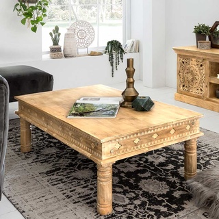Designertisch aus Mangoholz Sandfarben massiv Schnitzereien versehen