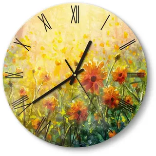 DEQORI Wanduhr 'Blumenwiese im Monet-Stil' (Glas Glasuhr modern Wand Uhr Design Küchenuhr) gelb|grün 30 cm x 30 cm