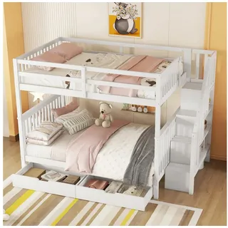 HAUSS SPOLE Etagenbett 140x200cm, mit zwei Schubladen, hohe Geländer, Treppenregal, weiß (Treppenregal, ausgestattet mit zwei Schubladen, hohe Geländer, 140*200cm), ohne Matratze weiß