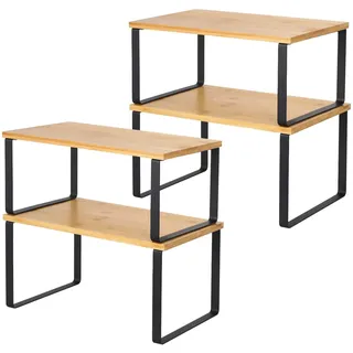LIANTRAL Küchenschrank Organizer 4er-Set, Küchenregal, Küchen Organizer aus Metall und Bambus, Erweiterbar und Stapelbar Schrank-Organizer Gewürzregale, kleines Regal, Schwarz und Naturfarben