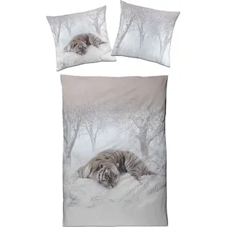 Traumschloss Bettwäsche Interlock Jersey - Tiger, Winterlandschaft 135 x 200 cm Tiger, Winterlandschaft - Grau
