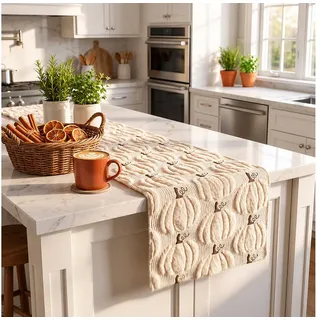 JASLIFE Tischläufer Herbst Kürbis 3D-Plüsch Herbstdeko, 3D-Kürbismotiv, weiche Plüschstickerei, Herbst Tischdeko beige