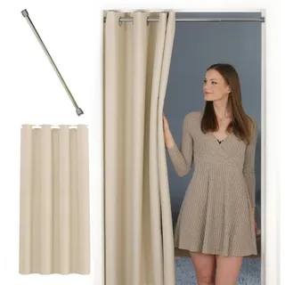 tinycurtains Türvorhang mit Stange silber 70-120 cm Thermo Vorhang ohne Bohren, blickdicht, Ösen, abdunkelnd, Polyester, beige Driftwood, Türgardine mit Klemmstange Raumteiler verdunkelnd beige 150 cm x 195 cm