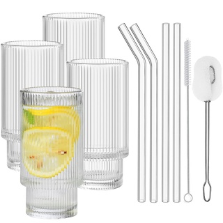 ALINK Cocktail Gläser 4er Set, Bier Glas, Can Longdrinkglas,Wassergläser, Eiskaffee Gläser mit Strohhalm,2 Reinigungsbürsten, Trinkglas in Dosenform für Familie, Camping, Party, Bar