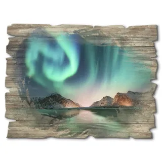 ARTland Wanddeko Bild aus Holz Holzbild vintage Deko 40x30 cm Querformat Natur Nordlicht Polarlicht Norwegen Berge Landschaft Türkis T9SZ