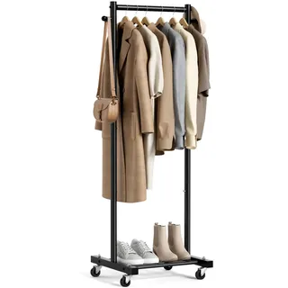 MISSLO Kleine Kleiderstange zum Aufhängen von Kleidern auf Rollen 152 cm Metall-Kleiderstange mit Regalen Tragbarer freistehender rollender Kleiderständer für kleine Räume, Schwarz