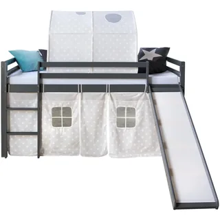Homestyle4u Hochbett 90x200 mit Vorhang Rutsche und Tunnel in Grau Sterne 1872