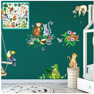 Sunnywall Wandtattoo XXL Wandtattoo Dschungel tropisch Set Kinderzimmer Aufkleber grün