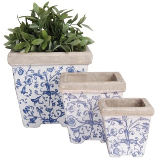 Esschert Design Keramik Blumentopf 3er Set, 3 Verschiedene Größen, blau-weißes Blumenmuster