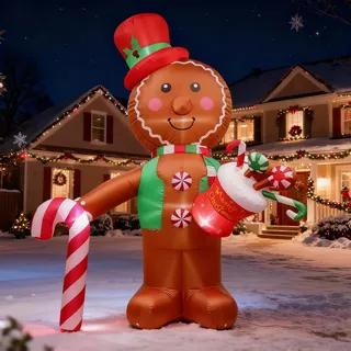 Aufblasbare Weihnachtsdeko: 2,4M/ 8FT Lebkuchenmann Deko Aufblasbare Weihnachtsdekoration mit LED Beleuchtet - XXL Weihnachtsdeko IP44 Wetterfest für Außen Innen Garden Rasen Hof (AA)