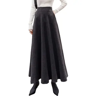 Damen Lang Rock Elegant Maxi Winterrock Plaid Warm Wollrock Hohe Taille Karierter röcke Herbst Elastische Taille Vintage A Linie Casual Midi Faltenrock C Dark Grey S - S