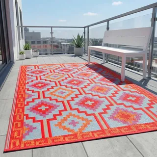 FAB HAB Outdoor-Teppich Lhasa – Recycelter Kunststoff – Wetterfest, Wendbar, UV-beständig – Boho Ethno (Orange/Violett, 120 x 180 cm)