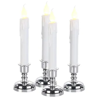 Britesta Leuchterkerzen: 4er-Set LED-Stabkerzen mit silbernem Kerzenständer, flackernde Flamme (Dinnerkerzen, Candlestick, Silber)