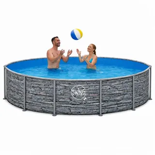 HAF Framepool Frame Pool Aufstellpool Schwimmbecken Grau Steinoptik rund 366 x 91 cm (Vollständiges Komplett Set mit Rahmen und Folie, Einfacher, schneller & unkomplizierter Aufbau), Lieferumfang OHNE Filter oder Pumpe grau Ø 366 cm x 91 cm