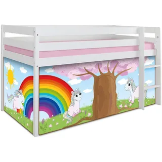 TICAA Hochbett Einhorn Rainbow 90 x 200 cm Kiefer massiv weiß