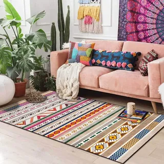 Chanxiang666 Teppich Läufer Flur, 140x200cm Bunte geometrische Streifen im Ethno-Stil Wohnzimmer, Schlafzimmer, Arbeitszimmer, Büro, Flur, Zimmer deko,