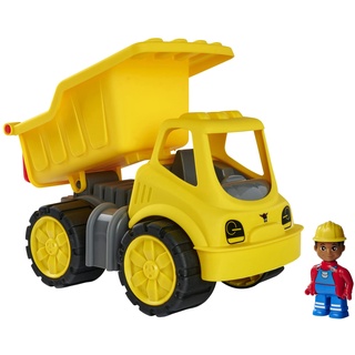BIG-Power-Worker Kipper + Figur - Spielzeug Auto ideal für Unterwegs, Reifen aus Softmaterial, bewegliche Kippmulde mit Ladekappe, inklusive Figur, für Kinder ab 2 Jahren, Gelb