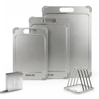 Adivo 3er-Set titan schneidebrett S/M/L, 100% Titan, Edelstahlständer | 3 Schneidebretter aus 100 % Titan in S/M/L, mit Prägung, Saftrille, Silikonecken und 304-Edelstahlständer mit Silikonfüßen