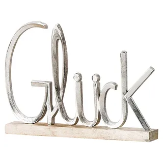 GILDE Schriftzug, "GLÜCK", Aluminium, Mangoholz, silberfarben, , L. 5 cm, B. 41 cm, H. 29 cm 48196