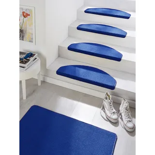 Hanse Home Stufenmatten Fancy – Treppen-Teppich Treppenmatten Selbstklebend Sicherheit Stufenteppich halbrund für Treppenstufen – Blau, ca. 23x65cm 15 Stück