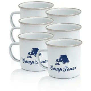 CampFeuer Geschirr-Set Emaille Tasse (6 Stück), 350 ml, Emaillebecher für Camping, 6 Personen, Stahl, Edelstahl weiß