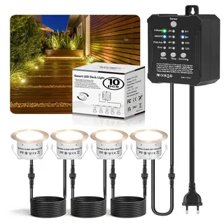 HIBOITEC 10er Dimmung Terrassen Einbaustrahler mit Timer & Dämmerungssensor | Smart-Trafo, 12V Niederspannung, IP67, Warmweiß – Bodeneinbaustrahler Aussen für Terrasse und Treppe