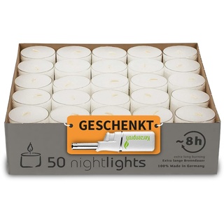 DecoLite: 50Teelichter Nightlights von Wenzel mit transparenter Hülle - 7-8 Stunden Brenndauer inkl. Stabfeuerzeug | Teelichter im durchsichtigen Becher | ohne Duft