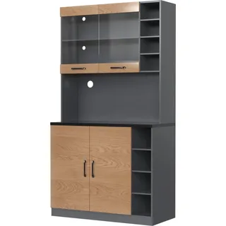 Küchenbuffet Hoch Mit 4 Verstellbaren Fächern, 2 Türen, Led Und Kabeldurchlässen, Mdf, Grau Natur, 100 X 47 X 187 Cm