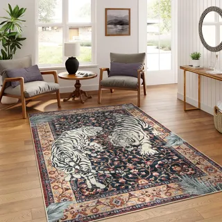 Moynesa Teppich mit Tigermotiv, 152 x 213 cm, waschbar, Vintage, weich, für Wohnzimmer, Schlafzimmer, rutschfest, Boho, ultradünn, groß, schmutzabweisend, Esszimmer, Gästezimmer, Dunkelrot (Puce Red)