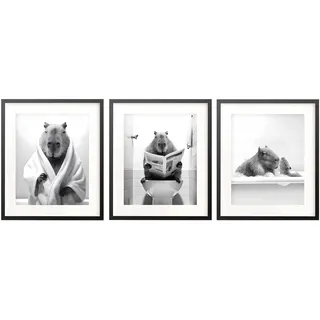 Kireida 3er Set Capybara Wandbilder Badezimmer, Lustige Schwarz Weiß Tier Poster Ohne Rahmen 20x30 cm, Süße Capybara Bad Deko Für Toilette Wanddeko