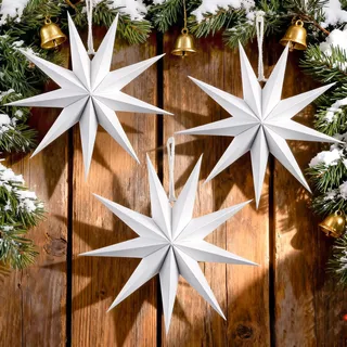 SUNBEAUTY 30cm Papier Stern Weiß 3er Set, Weiße Papiersterne zum Aufhängen 9-zackige Faltsterne Deko Set für Weihnachten, Moderne Weihnachtsstern Deko als Tischdeko, Christbaumschmuck & Fensterdeko