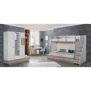 Xlmoebel Jugendzimmer-Set Hochbett mit Leiter und Bettkasten für Kinderzimmer in modernem Design, (3-tlg., Set 3 tlg.(Etagenbett+Kleiderschrank+Schreibtisch), Hergestellt in Europa beige