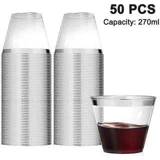 Set Aus 50 Plastikbechern Mit Goldrand, 26 Cl (9 Oz) Klare Weingläser Mit Silberrand