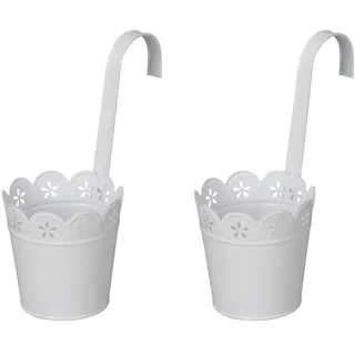 LB H&F Lilienburg Blumentopf 2er Set Hängetopf Blumentopf Übertopf Geländertopf Terrasse (Hänger Topf Shabby Spitze Ornament Deko zum einhängen Balkontopf Pflanztopf Balkon Weiss Metall P NEO), Kräutertopf Kräuterregel Pflanzenhalter Palettenregal hängen Halter weiß