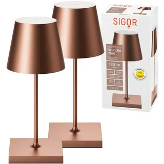 SIGOR 2 Stück Nuindie 2.0 mini - Dimmbare kleine LED Akku-Tischlampe Indoor & Outdoor, IP54 spritzwassergeschützt, Höhe 25 cm, aufladbar mit USB-C, 12 h Leuchtdauer, bronzefarben