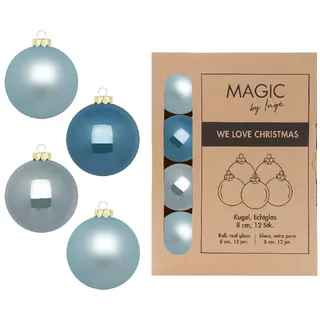 Inge-glas Weihnachtskugeln Glas 8cm x 12 Stück in Kartonbox Christbaumkugeln Set blau hellblau Elysian Blue