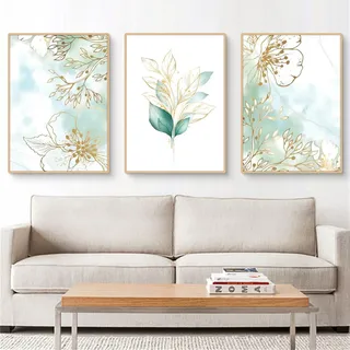 Ueiwffzo 3er Poster Set Abstrakt Blätter Bilder, Grünes Gold Moderne Wandbilder, Wohnzimmer Schlafzimmer Wanddeko, Ohne Rahmen (B,30x40cm)