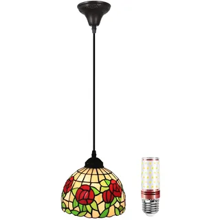 Uziqueif 8 Zoll Esstisch Lampen Hängend, Tiffany Hängelampe, Vintage Pendelleuchte, Pendant Light für Küche Schlafzimme Wohnzimmer Flur, Rose Lampenschirm Glas