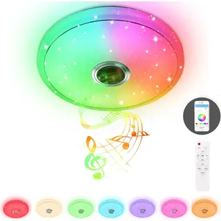 XMTECH 48W LED Deckenleuchte Dimmbar mit Bluetooth Lautsprecher, mit Fernbedienung oder APP-Steuerung, Sternenhimmel Ø40CM, Musik RGB Hintergrundb...