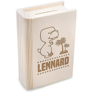 Personalisierte Spardose mit Wunschgravur - nachhaltiges Kiefernholz - Sparbüchse mit Metallschloss - Geschenk für Kinder - Geldgeschenk - Geburtstag, Weihnachten - Motiv Dino
