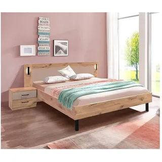 Lomadox Schlafzimmer-Set BRASOV-43, (Spar-Set, 3-tlg., Futonbett 160x200 Nachtschränke), Eiche Nb. mit saharagrau, inkl. Beleuchtung, Stauraum braun