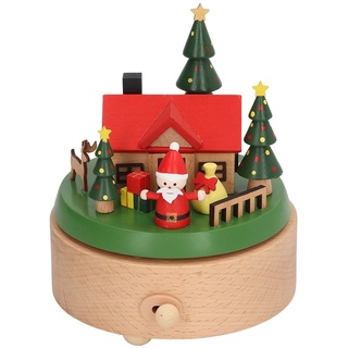Spieluhr Spieluhr für Weihnachtskarussell Drehbarer Holzboden Weihnachtshaus Weihnachten Spieluhr für Dekoration (Holz Weihnachtsmannhaus mit rundem Sockel)