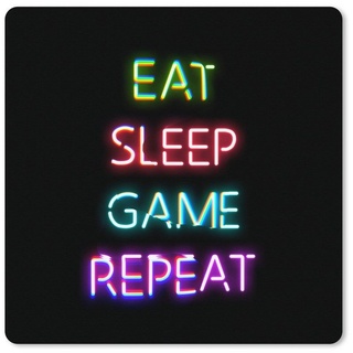 MuchoWow Gaming Mauspad Gaming - Led - Zitat - Eat sleep game repeat - Gaming (1-St), Gaming, Rutschfester Unterseite, Mausunterlage, 80x80 cm, XXL, Großes bunt 80x80 - 80 cm x 80 cm