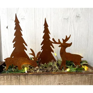 LB H&F 4er Set ROSTSTECKER Elch/Bäume Adventsdeko Weihnachtsdeko Gartendeko Edelrost Tannenbaum Dekoration Hirsch Dekofigur Adventskranz Herbst Winter Metall Rost