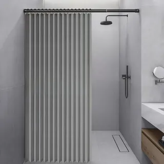 Momooda Faltbarer Duschvorhang Wasserdichter, Grau, 180x200cm | Gewicht aus Leinen, Magnet, Spritzwassergeschützt, Schnellverschluss, Duschvorhang Anti Schimmel