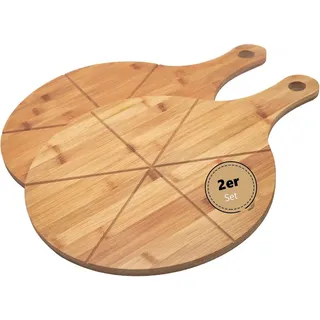 hausleben Pizzaschneidebrett Pizzabrett - Rundes Schneidebrett mit Griff und Schneiderillen, Bambus Pizzabrett, (Holz Pizzateller für Flammkuchen, 2-St., 2 Servierplatten), Holzteller Servierbrett für Pizza, Leicht zu Reinigen Ø 33 cm