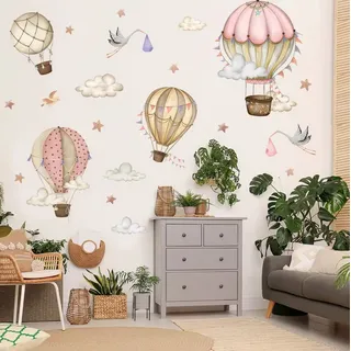 Montegoni Wandtattoo Tiere Heißluftballon Wolken Wandaufkleber Rosa Farbe für Kinderzimmer (Baby Kinderzimmer Wandtattoos Mädchenzimmer Aufkleber), 30 x 90 cm, selbstklebend, rückstandslos entfernbar