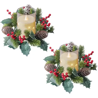 Kerzenring Weihnachten,2er Kerzenkranz Weihnachten Kerzenringe für Stabkerzen Adventskranz Tisch mit Beeren Tannenzapfen Deko Weihnachtskerzenringe Tischkranz für Weihnachtendekoration Tisch (A*2)