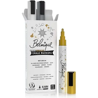 Belmique Malkreide Kreidemarker, (3er Pack, 4-tlg., Ideal als Kreidestifte, Tafelstifte, Folienstifte, Fensterstifte), Gold, Silber, Weiß - Abwischbar auf glatten Oberflächen goldfarben