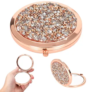 KYSUN 7 cm Taschenspiegel, Kleiner Runder Tragbarer Handspiegel, Mini Schminkspiegel 1X / 2X, Kompakter Kosmetikspiegel, Faltbar & Doppelseitig für Frauen Mädchen, Diamant aus Roségold
